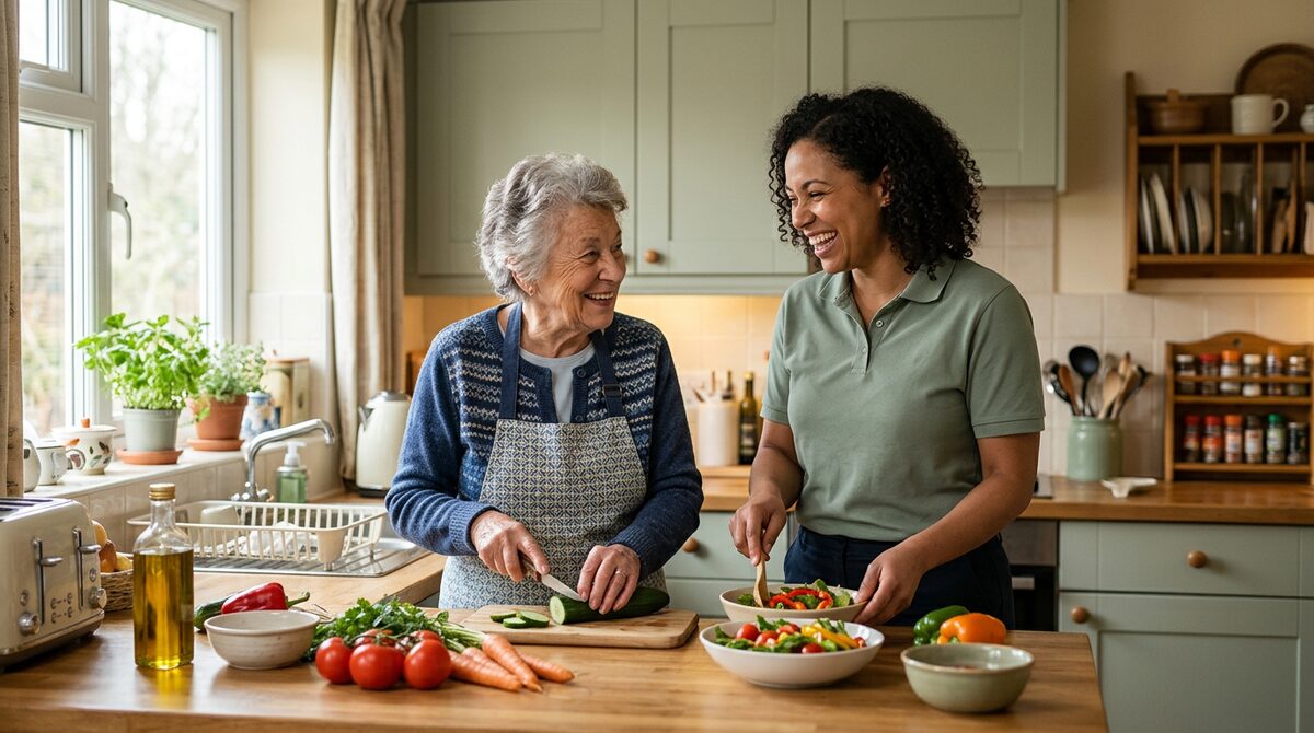 A Kindleworth carer and client preparing a meal together in the kitchen