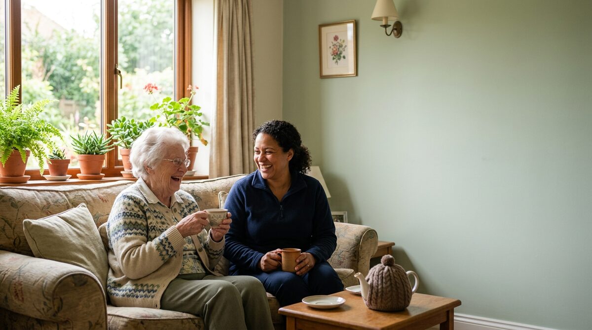 A Kindleworth carer sharing tea and a laugh with a client at home