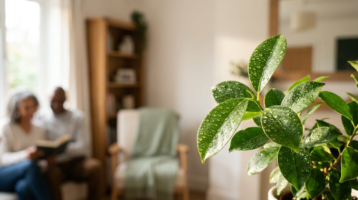 A green leaf in soft focus with a couple relaxing together in the background