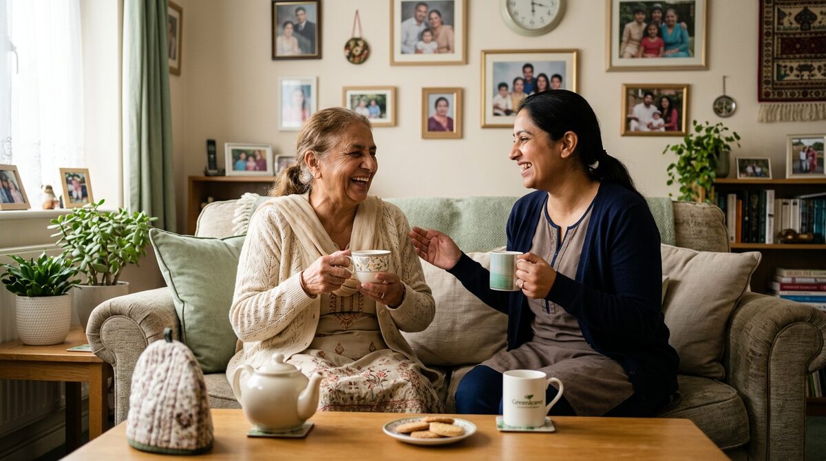 A live-in carer sharing tea and conversation with a client at home