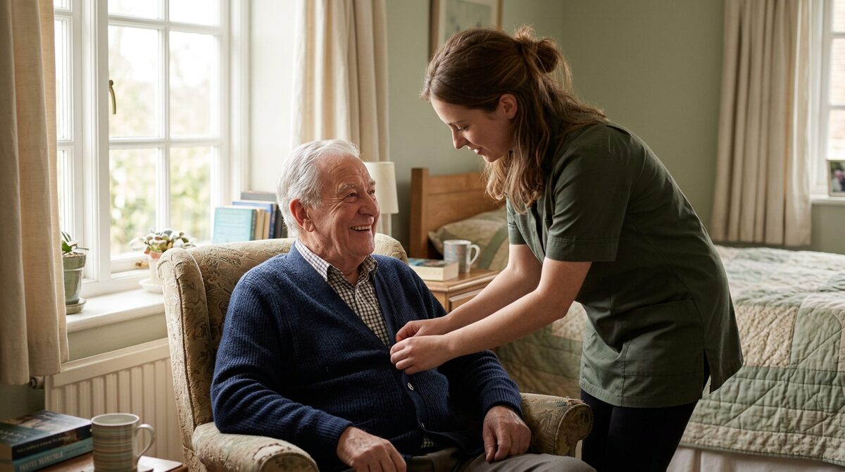 A Kindleworth carer helping a client get dressed with dignity at home