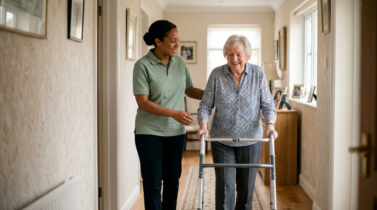 A carer supporting a client to walk independently with a mobility frame