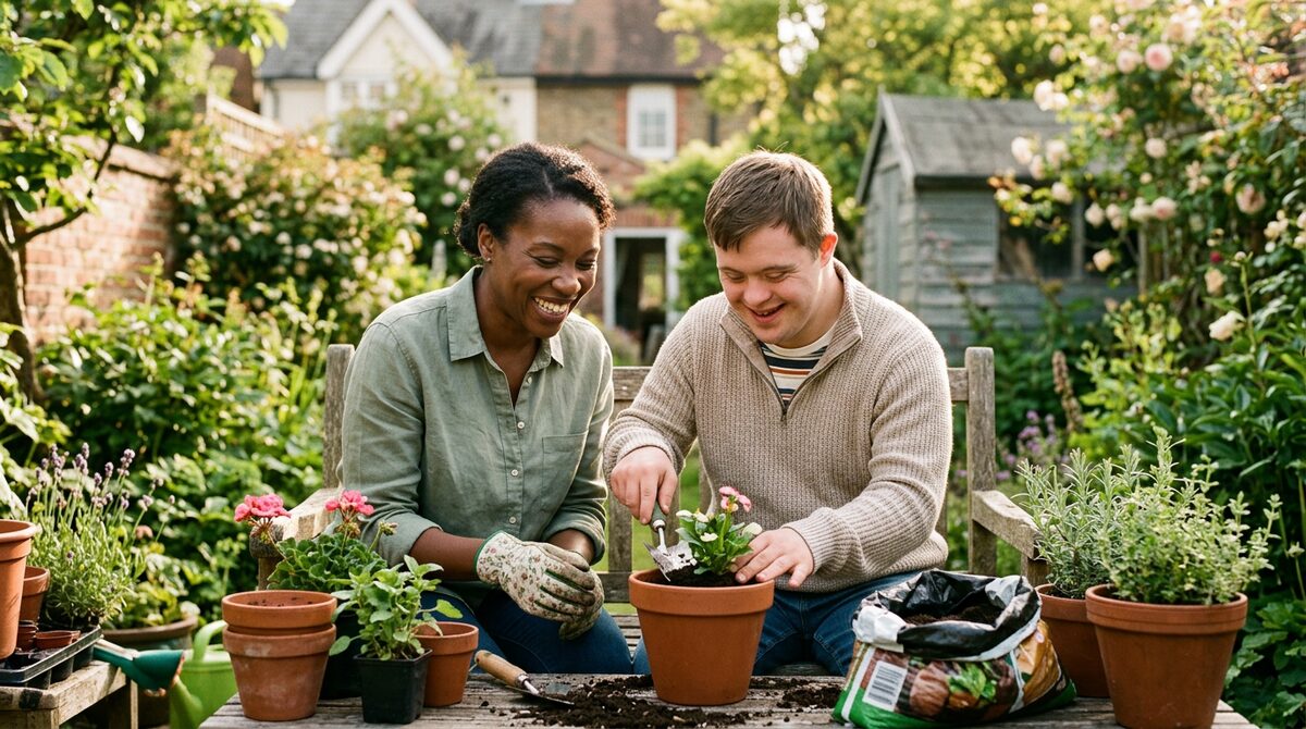 A support worker gardening alongside a person they support, building independence